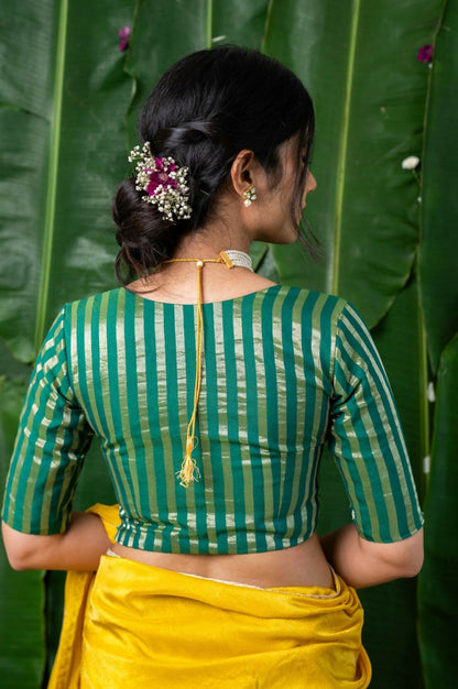 Ishya Green Chanderi Striped Elbow Sleeve Blouse with V neck