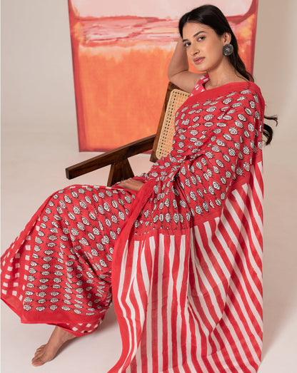 Madhubala's Nazar Battu - Eyes, Stripes & Checks Handblock Mul Cotton Saree