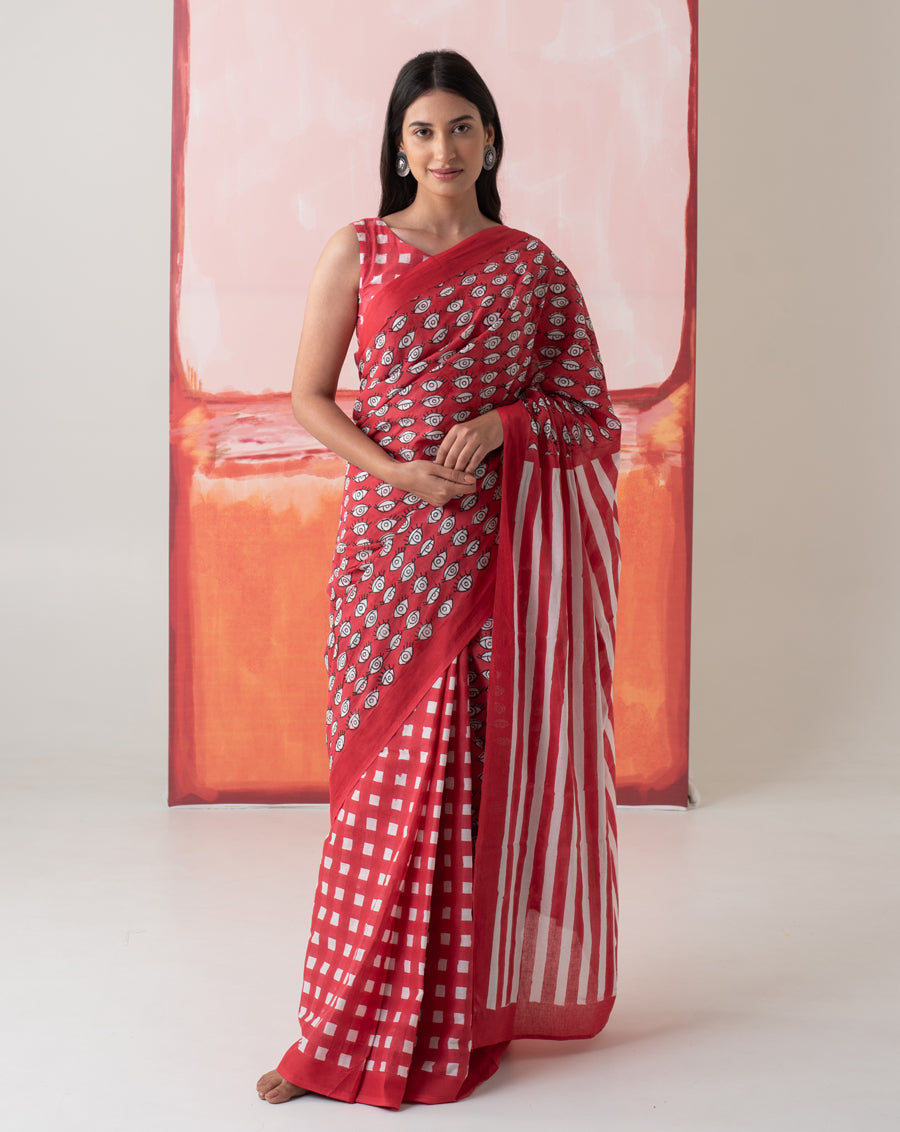 Madhubala's Nazar Battu - Eyes, Stripes & Checks Handblock Mul Cotton Saree