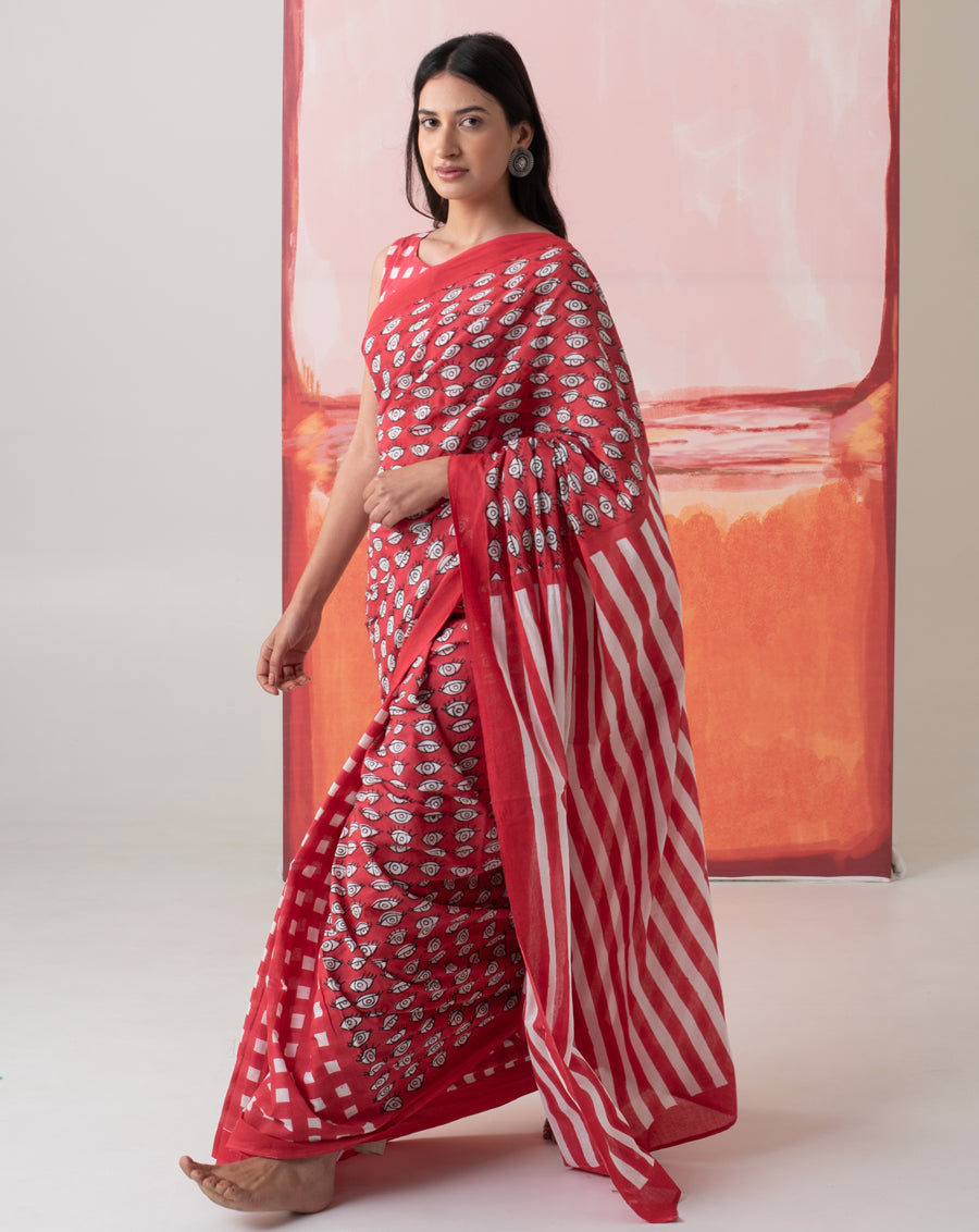 Madhubala's Nazar Battu - Eyes, Stripes & Checks Handblock Mul Cotton Saree