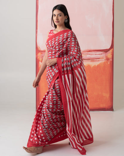 Madhubala's Nazar Battu - Eyes, Stripes & Checks Handblock Mul Cotton Saree