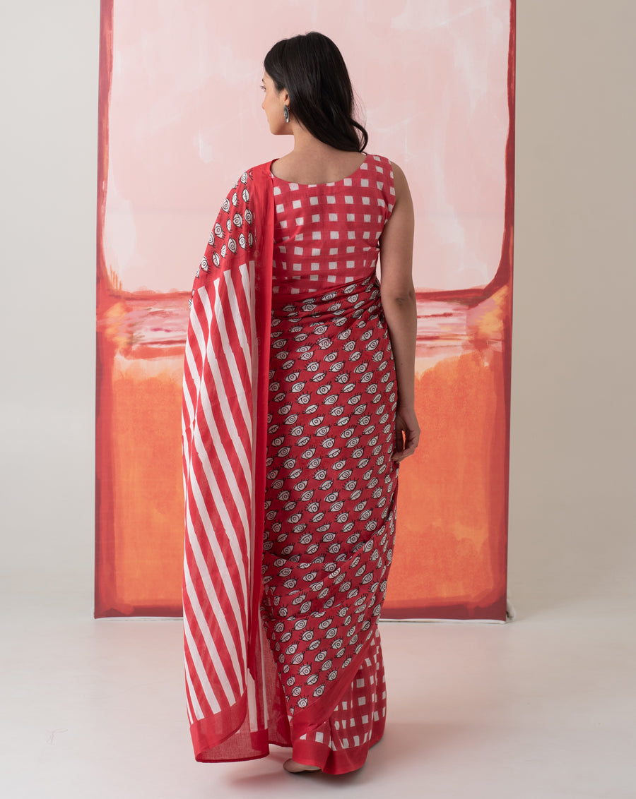 Madhubala's Nazar Battu - Eyes, Stripes & Checks Handblock Mul Cotton Saree