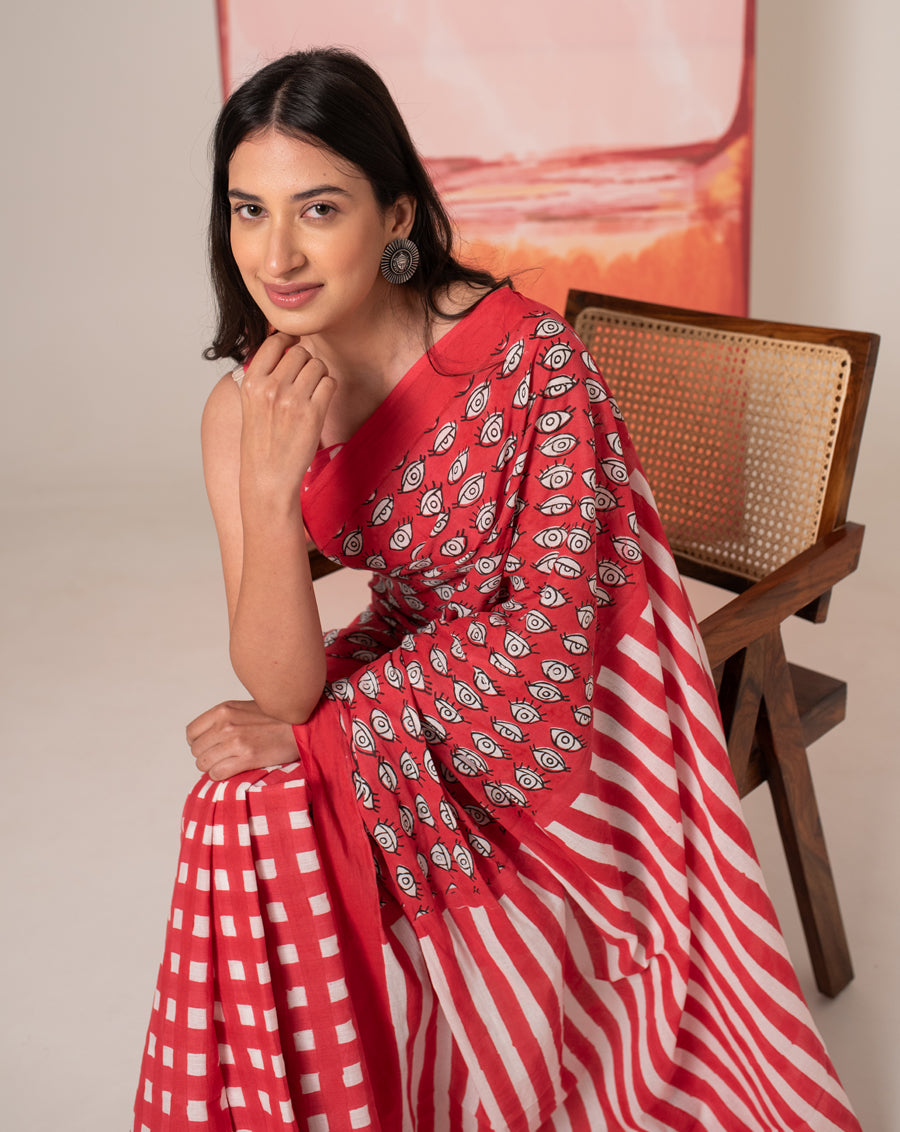 Madhubala's Nazar Battu - Eyes, Stripes & Checks Handblock Mul Cotton Saree