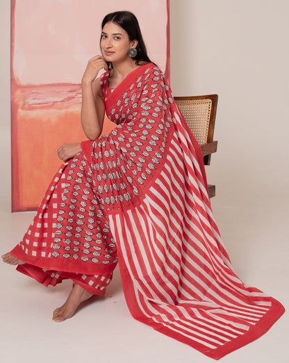 Madhubala's Nazar Battu - Eyes, Stripes & Checks Handblock Mul Cotton Saree