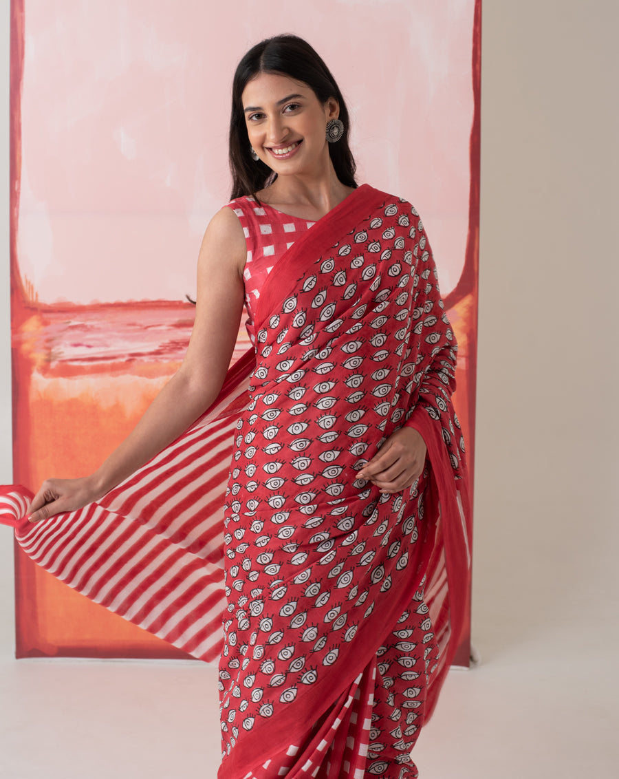 Madhubala's Nazar Battu - Eyes, Stripes & Checks Handblock Mul Cotton Saree