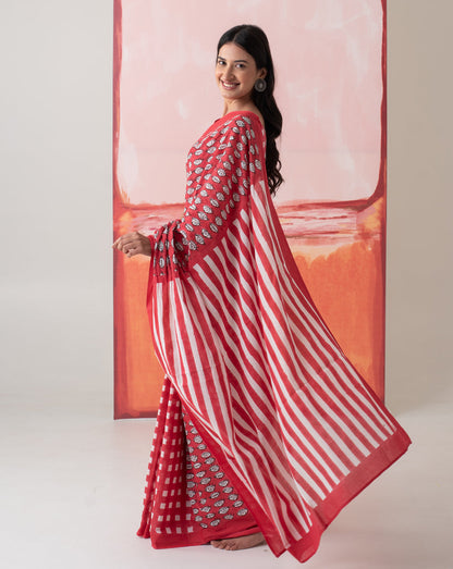 Madhubala's Nazar Battu - Eyes, Stripes & Checks Handblock Mul Cotton Saree