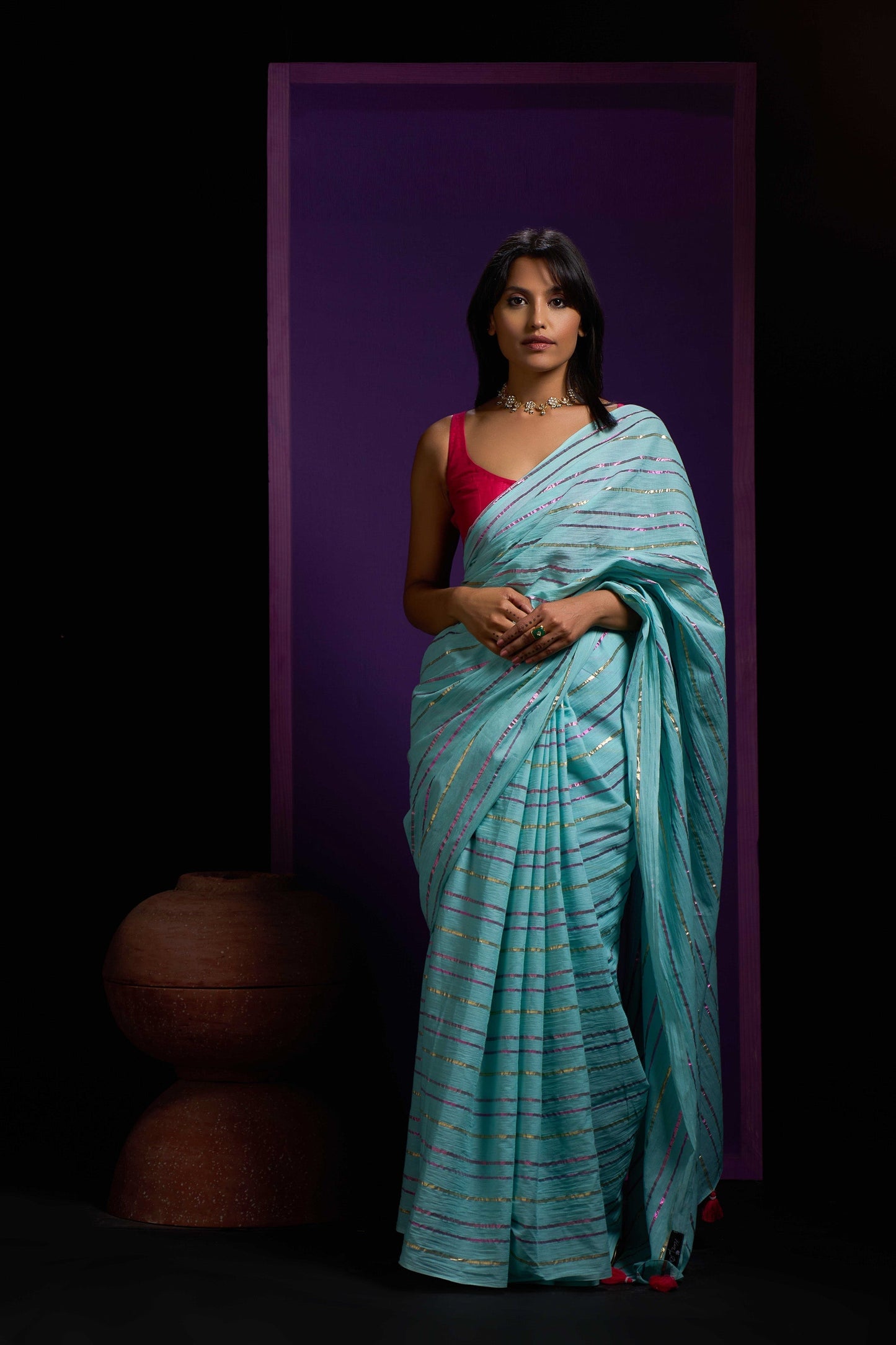 Cotton Mulmul Blue/Laal/Peeli Stripes Saree With Tassel