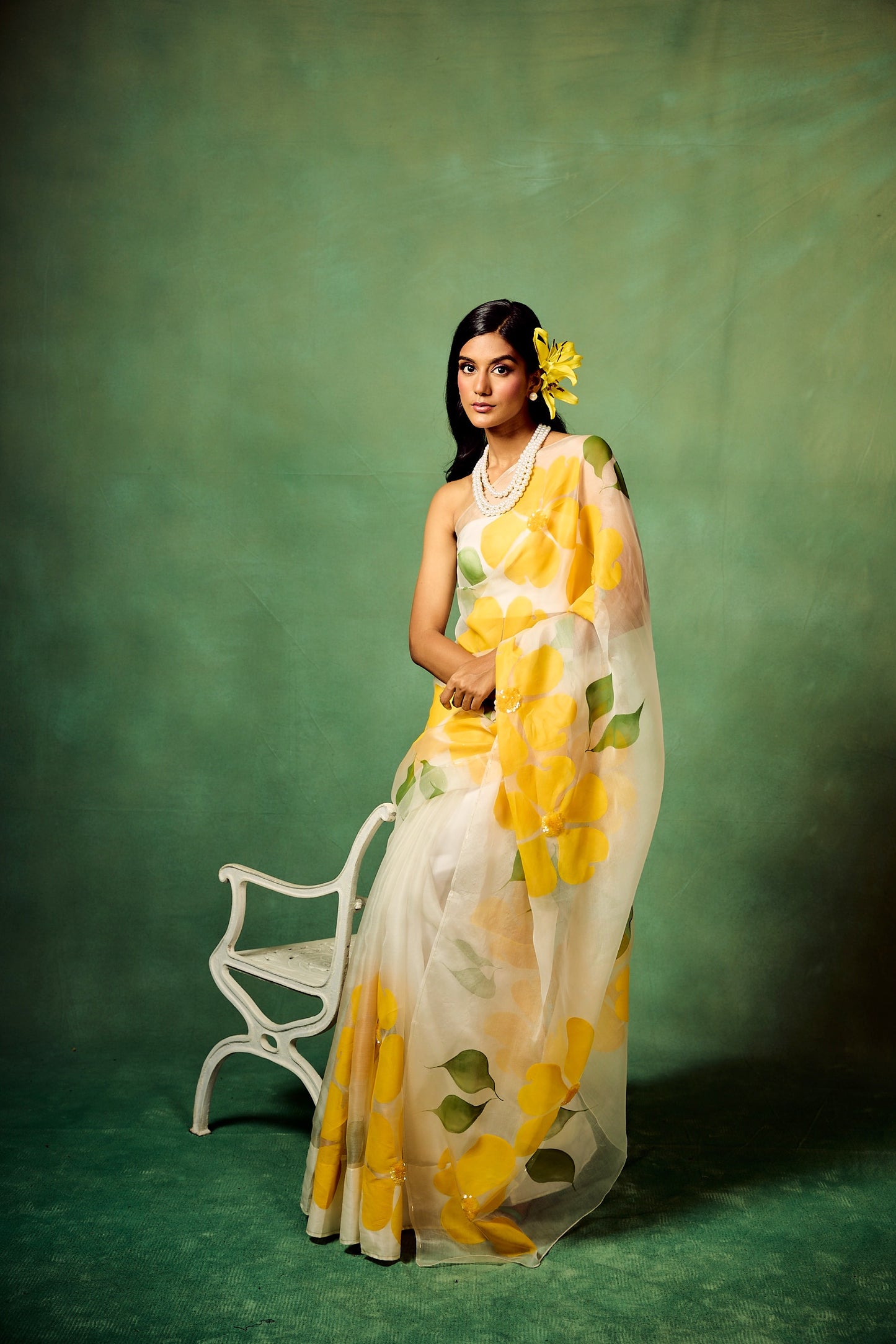 Flora Sequins Saree in White & Yellow