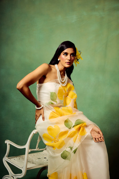 Flora Sequins Saree in White & Yellow