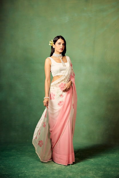 Pink Ombre Hand-painted Saree