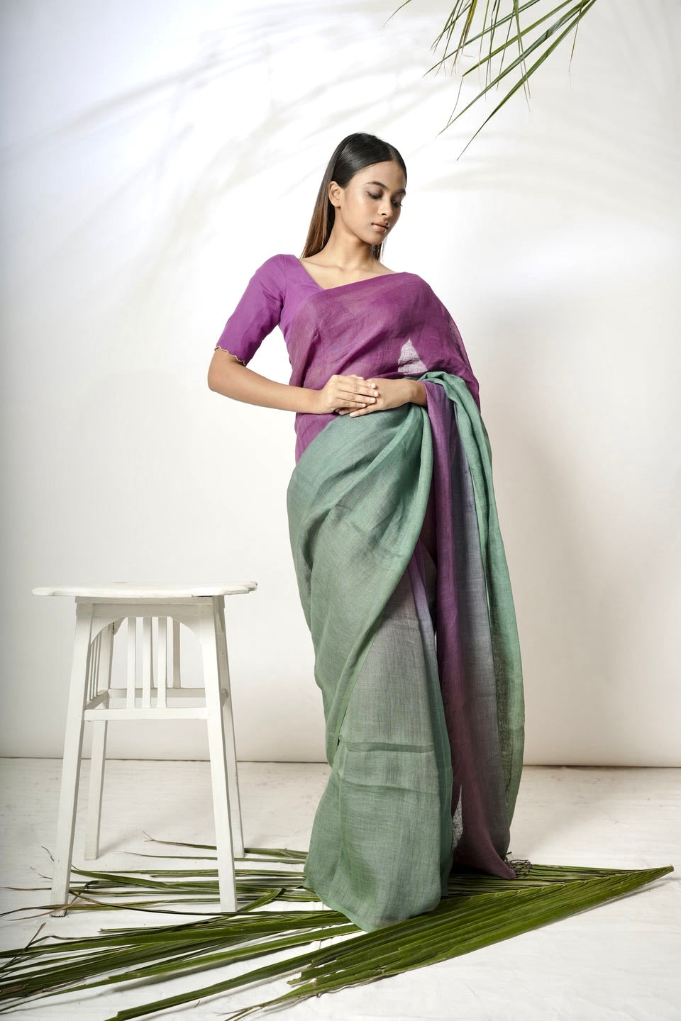 Dual Color Handloom Linen Saree