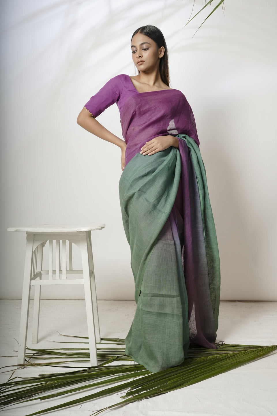 Dual Color Handloom Linen Saree