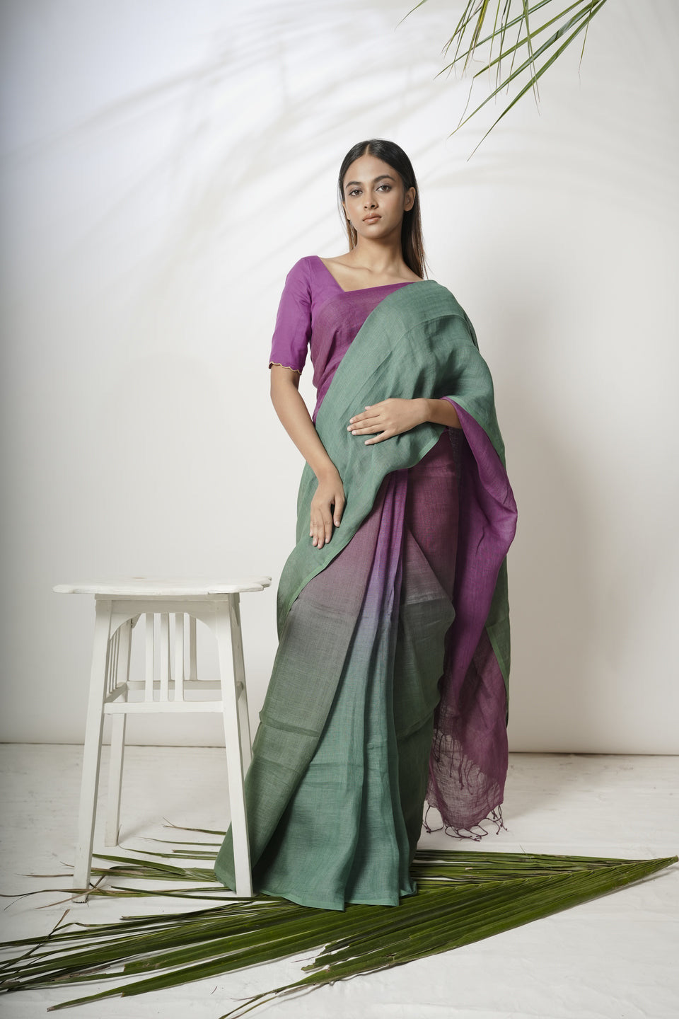 Dual Color Handloom Linen Saree