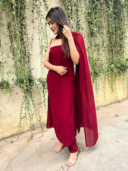 Heer Pure Georgette Maroon Suit Set