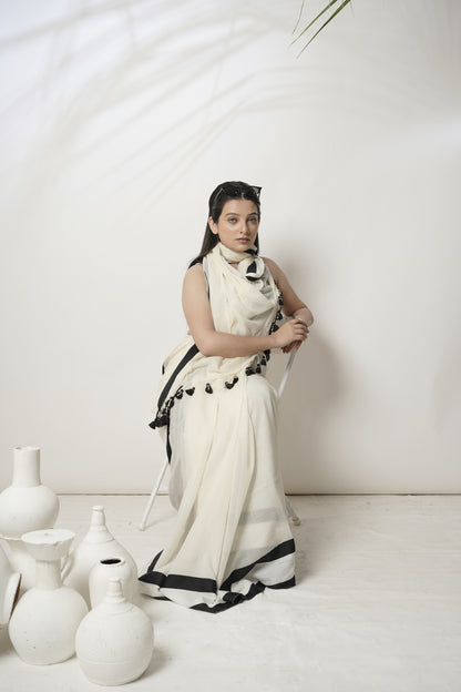 White & Black Cotton Handloom Saree With Black Border