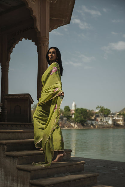 Leela Olive Green Organza Handpainted Saree