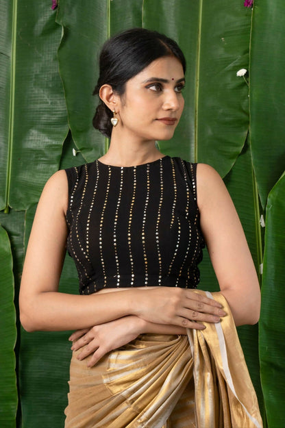 Raina Black Georgette Sequins Sleeveless Back Open Blouse