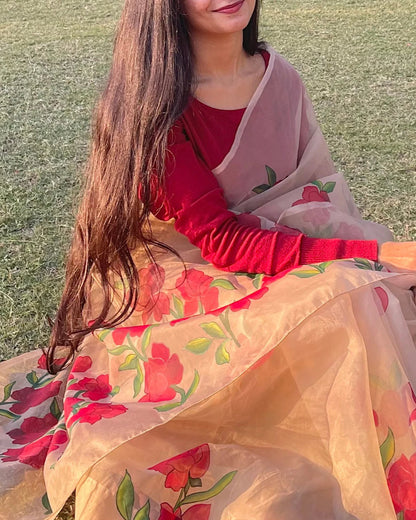 Beige Gulabari Organza Handpainted Saree