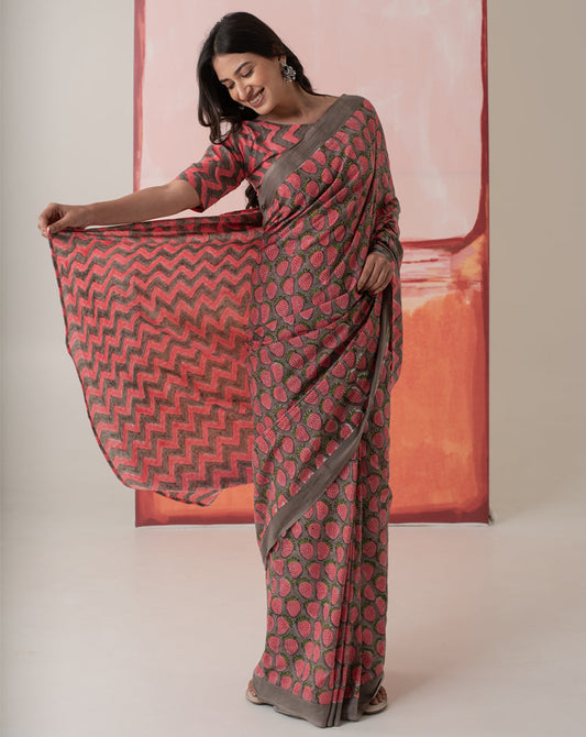 Nutan's Strawberry Mul Cotton Saree
