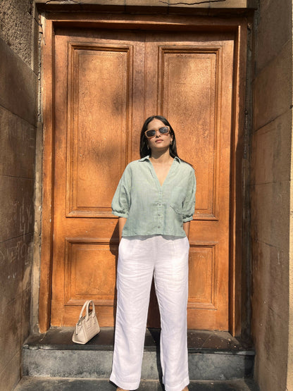 Sage Green Cropped Linen Blend Blouse