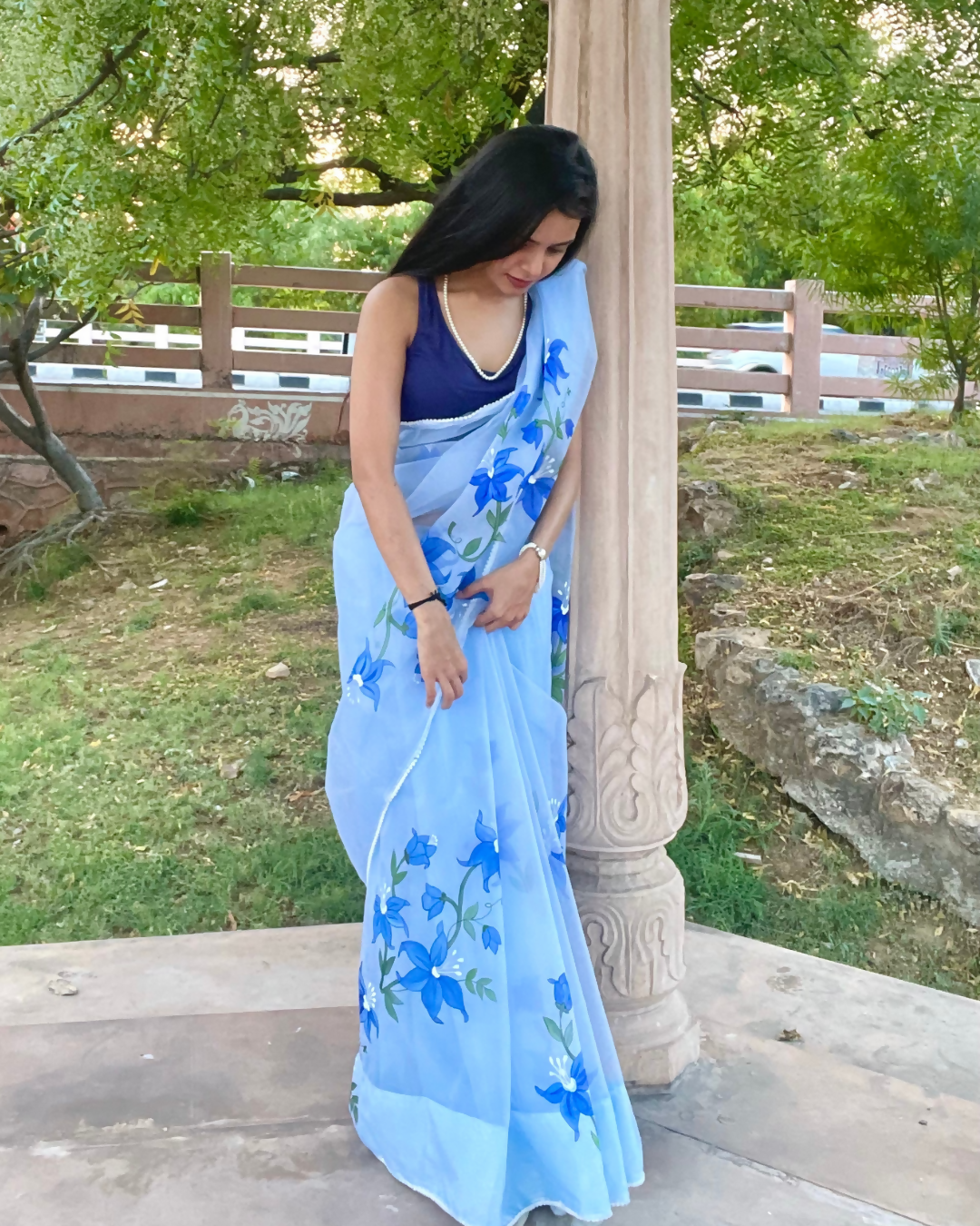 sky blue 'kashish' hand-painted saree (1)