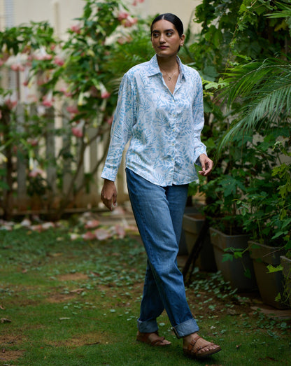 Iris Floral White Blue Shirt