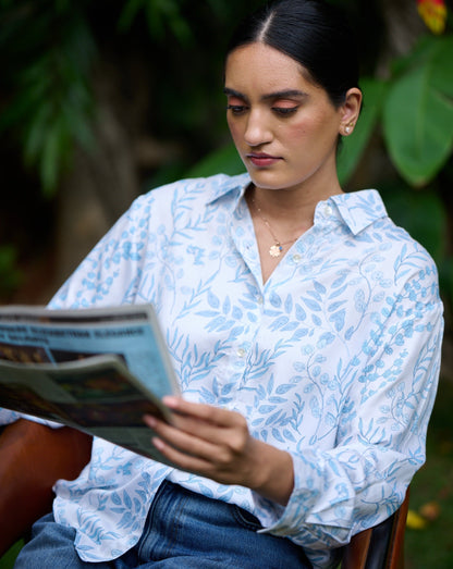 Iris Floral White Blue Shirt