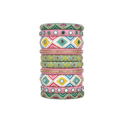 Tritha Green & Pink Mirror Work Bangle Set