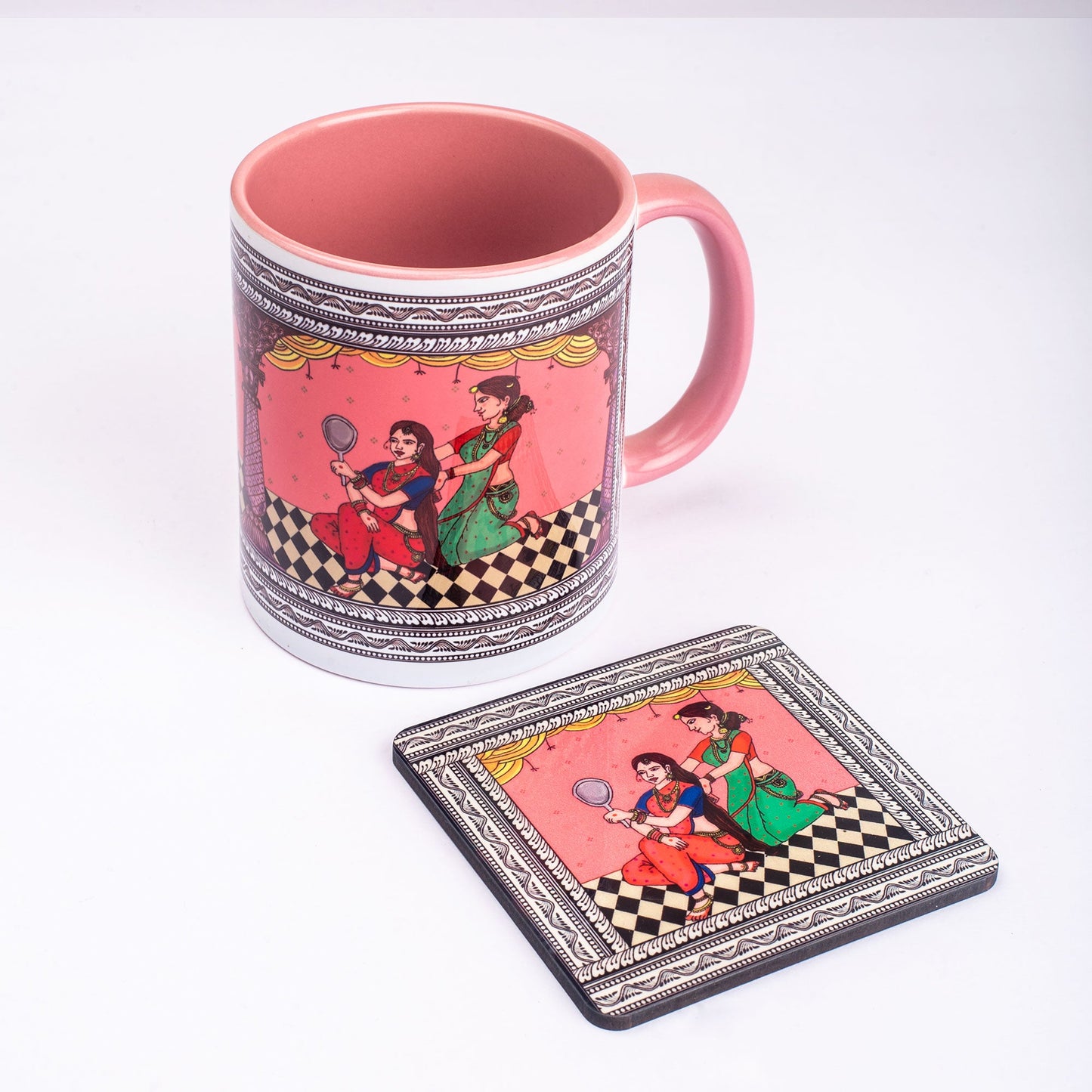 Shringaar Pattachitra Mug with Coaster - Pink