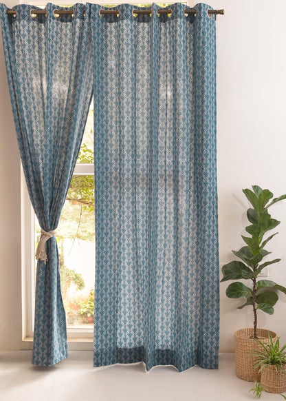 Room Darkening - Pergola Cotton Geometric Indigo Curtain