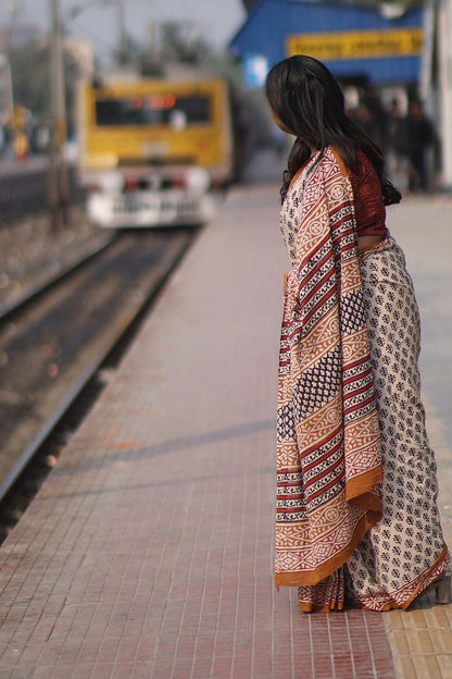 Beige Bagru Saree - Handblock Print Natural Dyed - Mulmul Cotton Saree