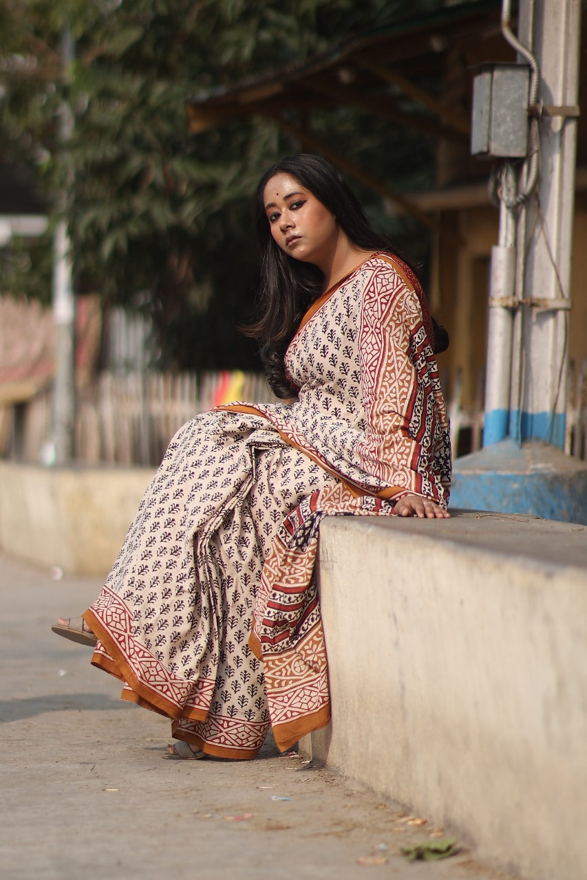 Beige Bagru Saree - Handblock Print Natural Dyed - Mulmul Cotton Saree