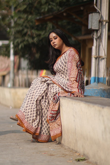 Beige Bagru Saree - Handblock Print Natural Dyed - Mulmul Cotton Saree