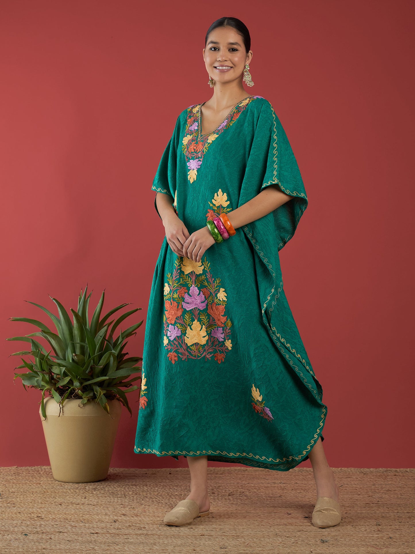 Pine Green Aari Embroidered Kashmiri Kaftan - Long