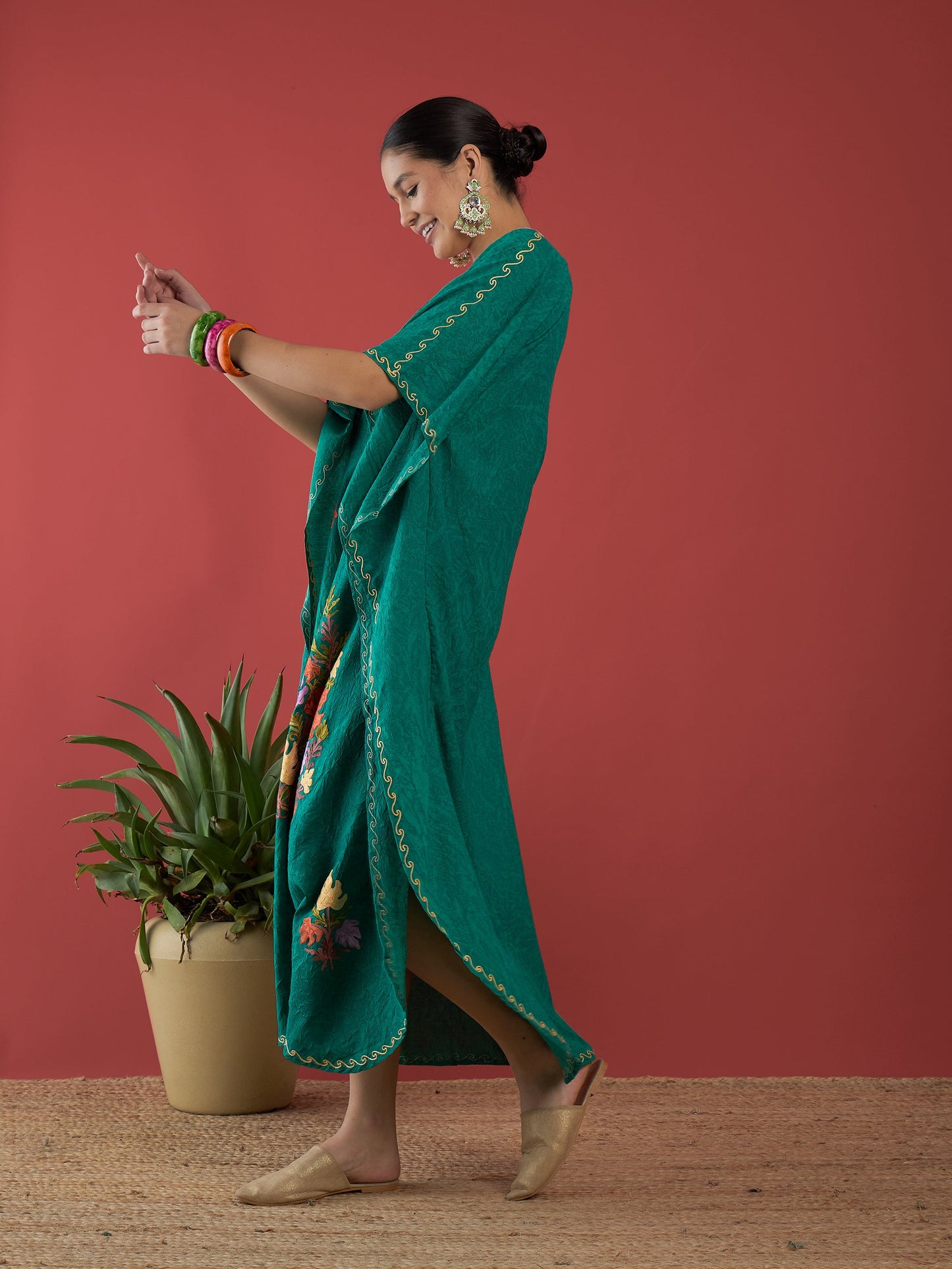 Pine Green Aari Embroidered Kashmiri Kaftan - Long