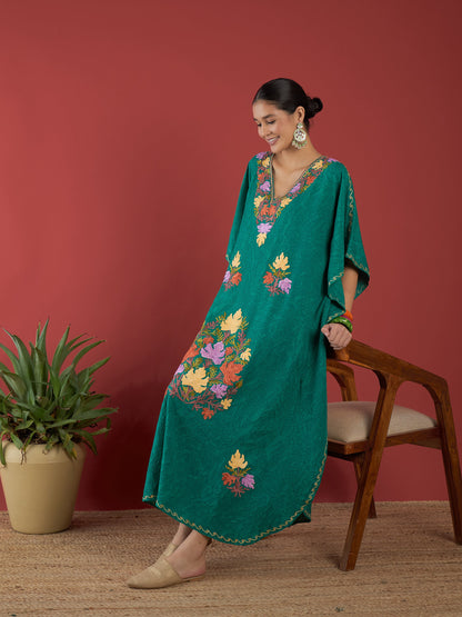 Pine Green Aari Embroidered Kashmiri Kaftan - Long