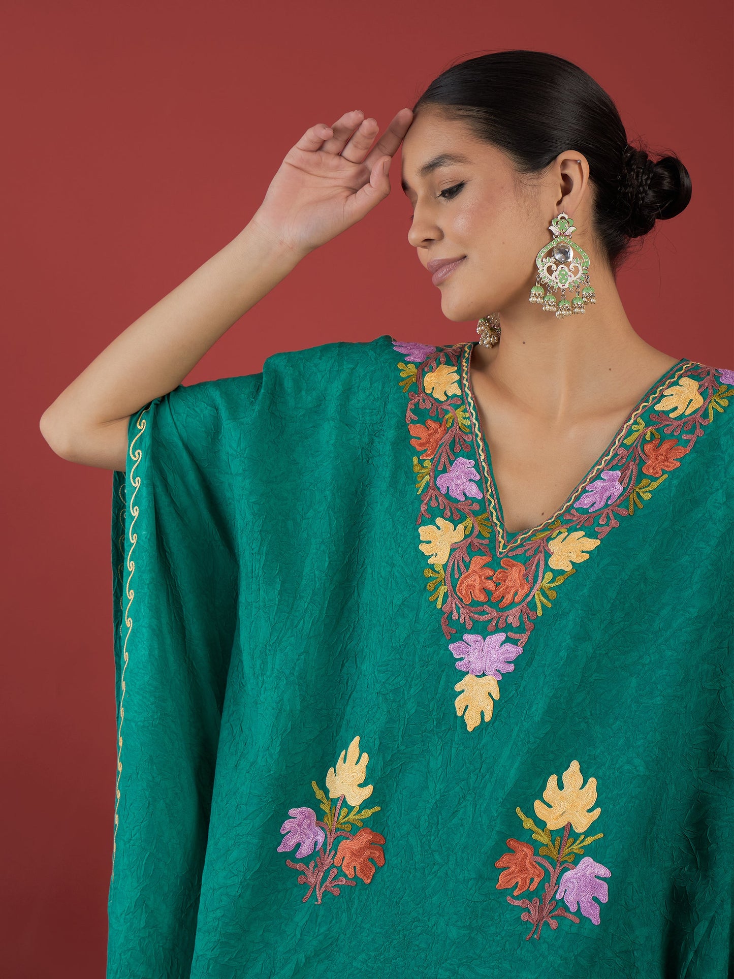 Pine Green Aari Embroidered Kashmiri Kaftan - Long