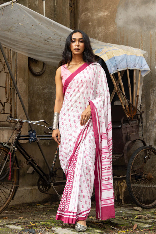 Pink Alley - Mul Cotton Hand Block Printed Saree