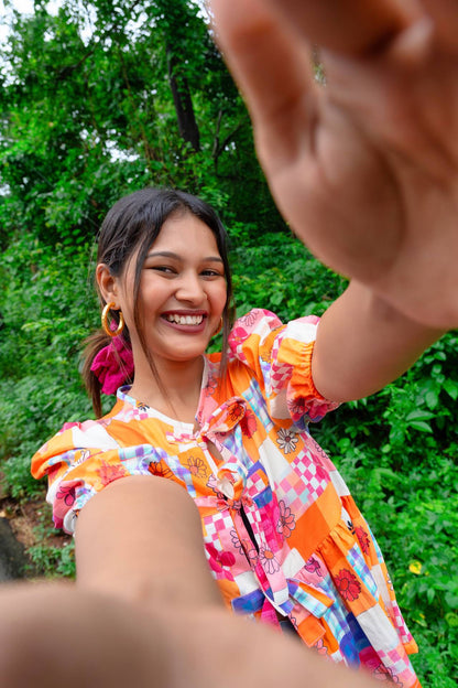 Take a Bow Hippie Trippy Cotton Top With Puff Sleeves