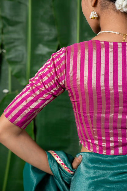 Indira Pink Chanderi Striped Elbow Sleeve Blouse with V Neck