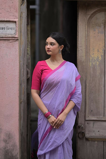 Pink Border Handwoven Mulmul Cotton Saree