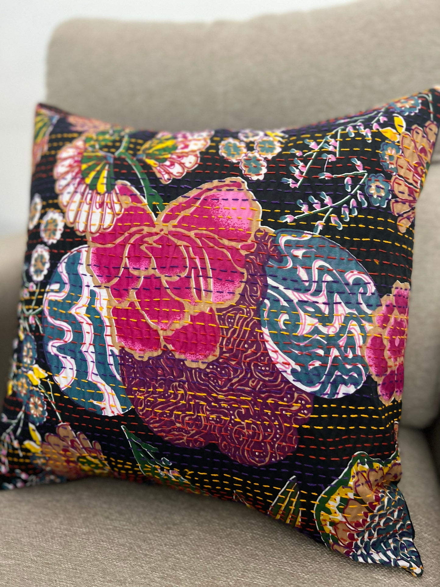 Kantha Cushion Cover Black Pink Flowers (Set of 2)