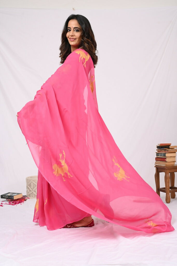 Pink Organza Reindeer Saree