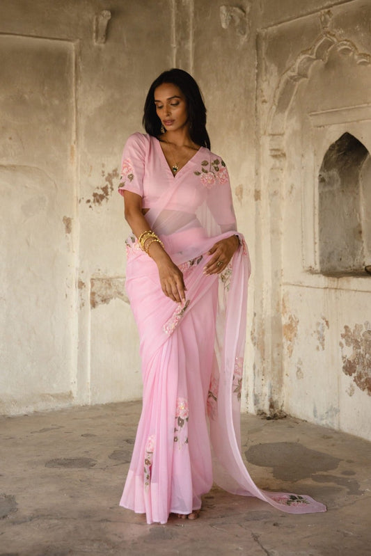 Lavina Pink Chiffon Handpainted Saree