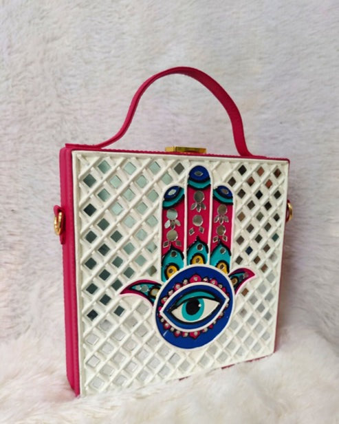 Hamsa Square Lippan Art Handcrafted Box Bag