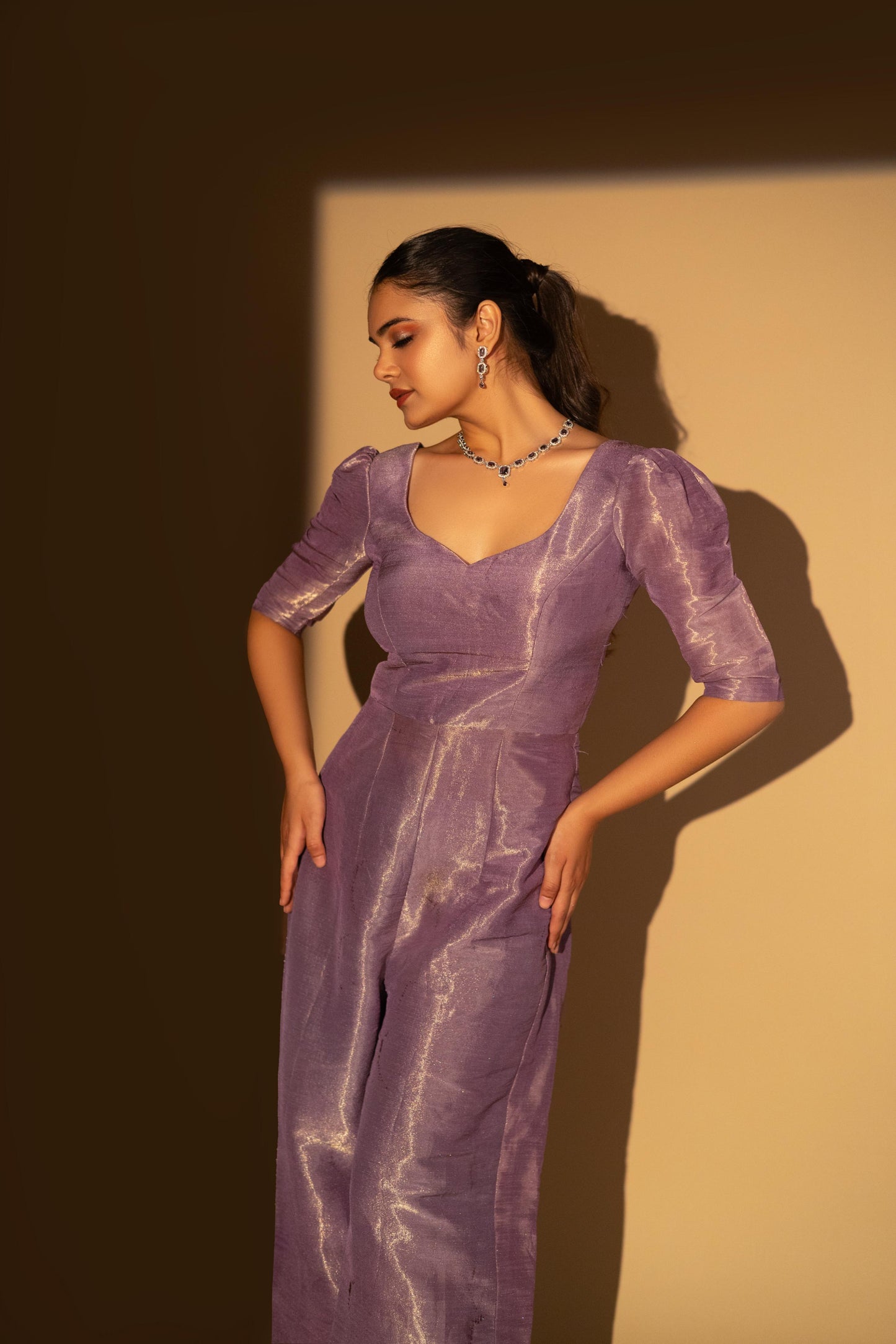 Lavender Cosmo Silk Bow-Tie Jumpsuit
