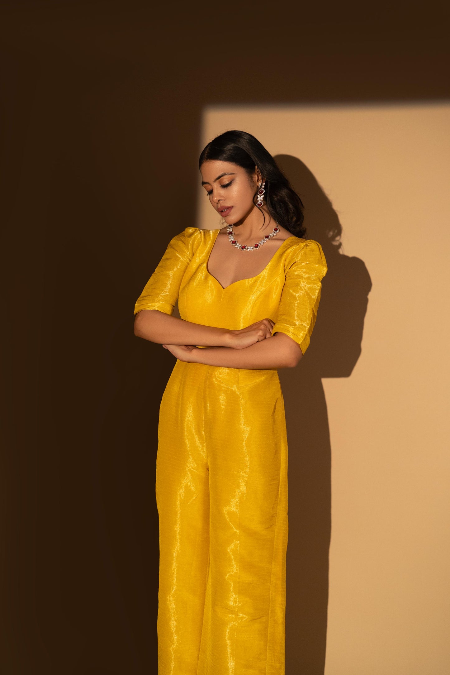 Yellow Cosmo Silk Bow-Tie Jumpsuit