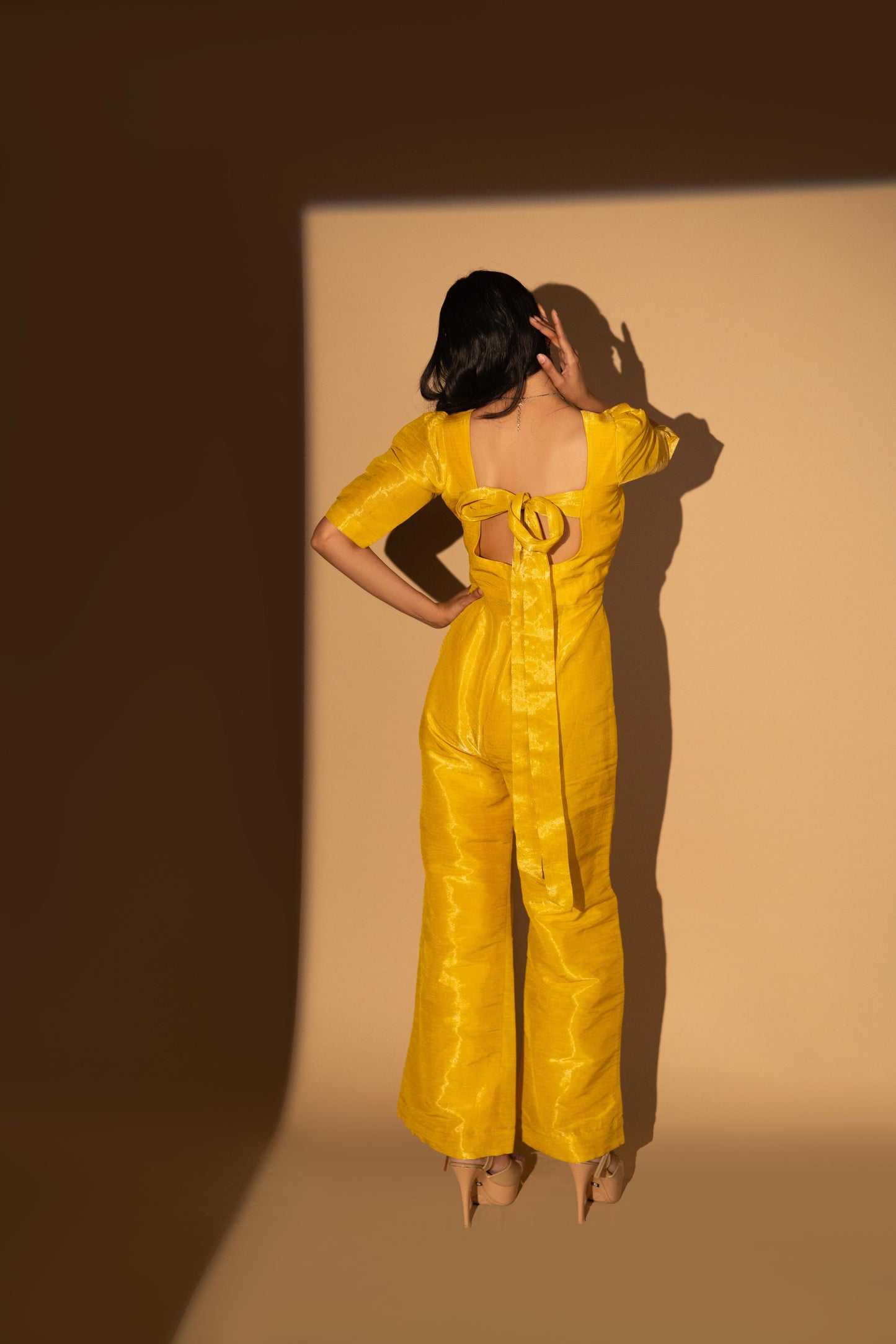 Yellow Cosmo Silk Bow-Tie Jumpsuit