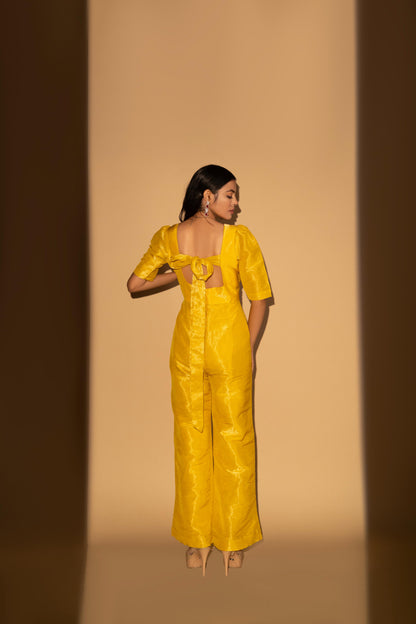 Yellow Cosmo Silk Bow-Tie Jumpsuit