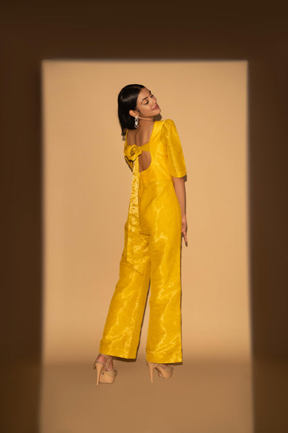 Yellow Cosmo Silk Bow-Tie Jumpsuit